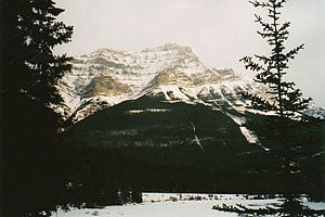 Jasper, Alberta: Winter Fun with the Girls 9 Snow-covered mountain from Athabasca Falls