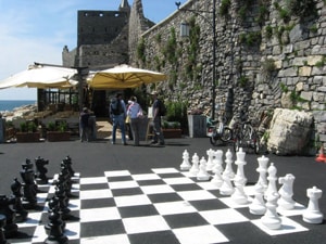 Giant chess set at Ristorante Le Bocche, Portovenere, Italy.