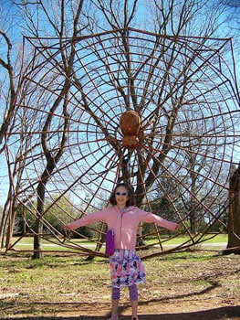 Family Fun Blast-off in Huntsville, Alabama 3 Spider sculpture and the author's daughter at the Huntsville Botanical Garden