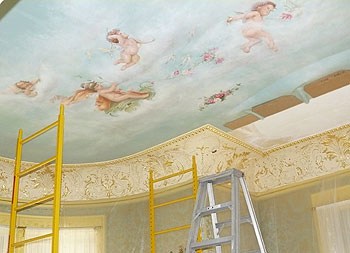 Ceiling restoration work at the Moody Mansion
