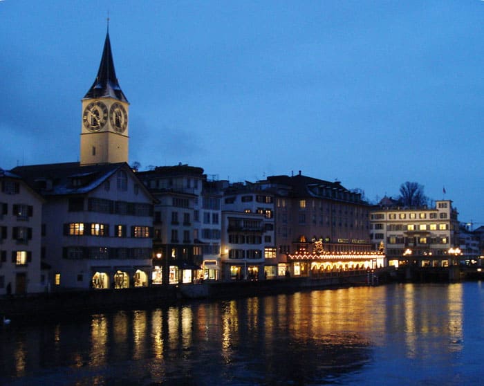 Christmas in the Alps 5 The River Lammat winds through the center of Old Town in Zurich, Switzerland.