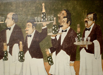 Checking into Hotels Up and Down the Chilean Beanpole 2 Eager waiters in a mural at the Hacienda Los Lingues in San Fernando, Chile. Photos by Mark Zussman.