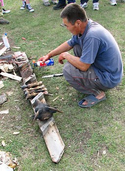 The preparation of tonight's dinner which is blowtorched goat's leg.