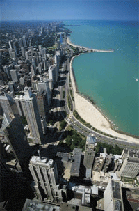 Lake Michigan, from atop a skyscraper in Chicago. photo Brittanica.