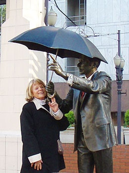 Seward Johnson's sculpture 'Allow Me,' known as 'Umbrella Man' in Pioneer Courthouse Square, Portland