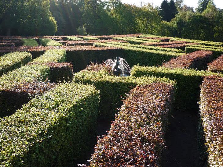 The tartan maze at Scone Palace in Scotland. The Murray Star Maze and water nymph.