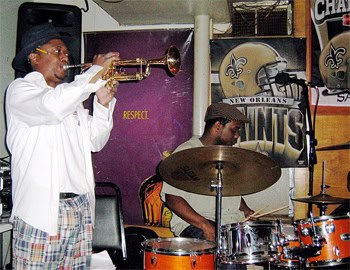 Kermit Ruffins with his band the Barbeque Swingers at Bullet's Sports Bar.