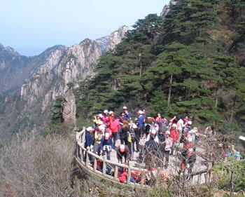 Tourists atop a viewing station, Huangshan