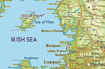 The Isle of Man is located between England and Ireland in the North Sea.