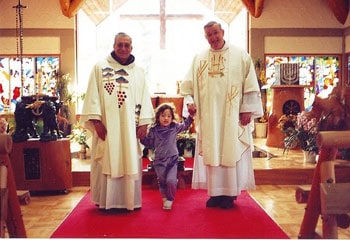 The Holy Family Mission in Saku, Japan 7 Padre Alba, little Miss Cash and visiting Monsignor Sanner after Mass