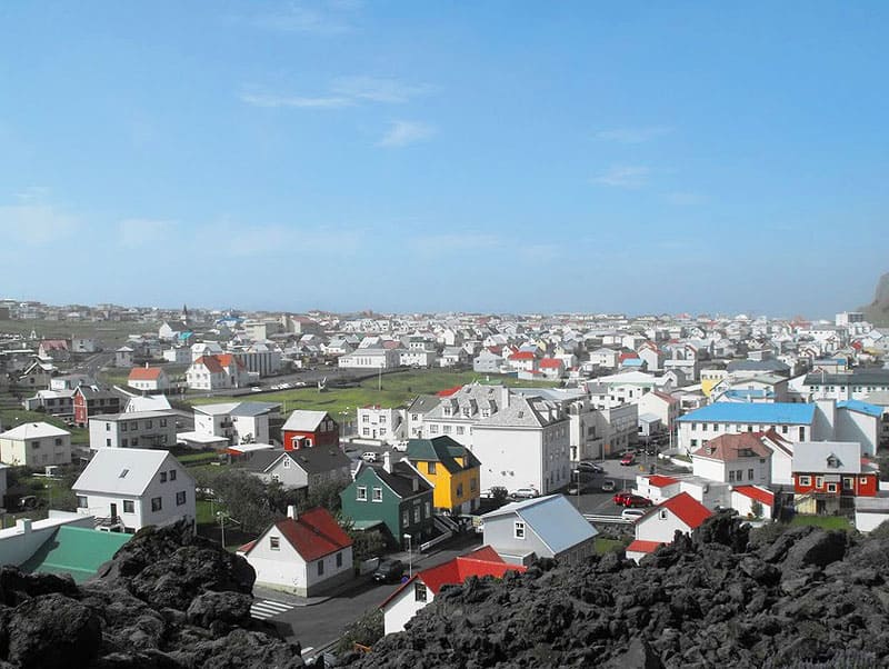 Surviving homes in Heimaey on the Westman Islands, seen from atop the lava fields on the east end of town.