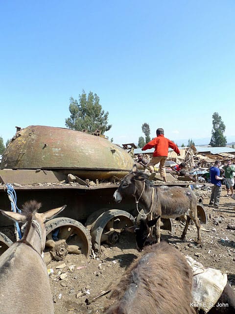 A child plays on a tank left over from the Italian invasion of Ethiopia in 1935.