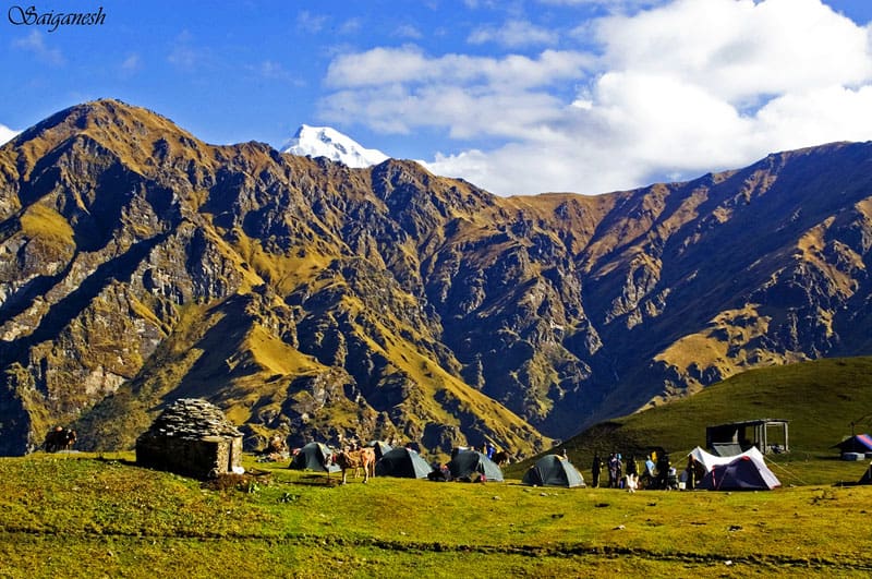 Roopkund, India: A Week-Long Trek to Skeleton Lake 6 Tents at Bedni campsite, with Nandaghunti in the background