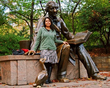 The author with the scuplture of Hans Christian Andersen in Central Park