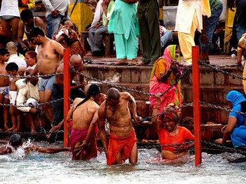Bathers doing the ritual clense in the dirty Ganges.