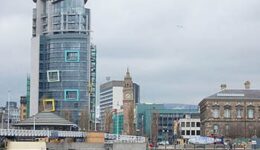 New and old buildings, including the Albert Clock, on the Belfast waterfront