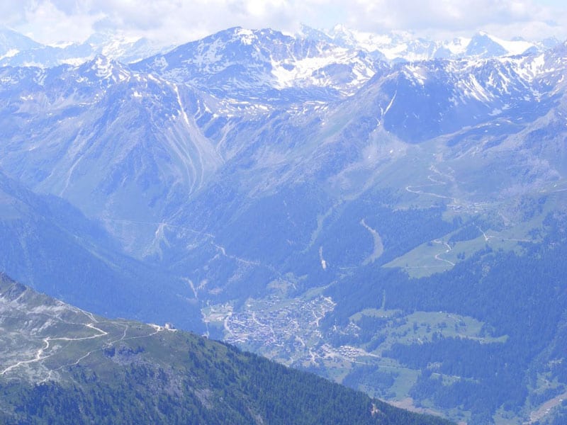 View of the village of Grimentz from the summit of Bella Tolla in Val D'Hanniviers, Switzerland. Photo by Steven Bochenek.