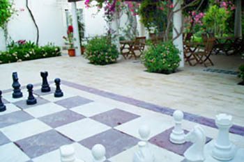 The giant chess set in the courtyard of the Karia Princess Hotel in Bodrum, Turkey