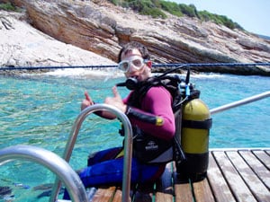 The author, ready to dive in the Aegean Sea in Bodrum, Turkey