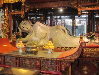 This white jade sculpture, one of two brought from Burma (now Myanmar) by a monk named Huigen in 1882, is displayed at the Jade Buddha Temple.