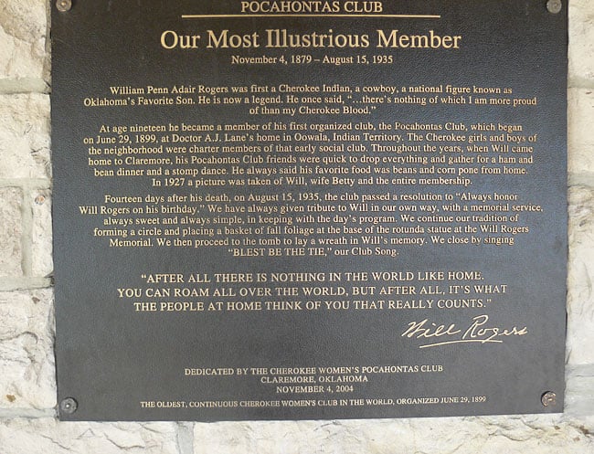 A plaque presented by the Pochahantas Club at the Will Rogers Memorial