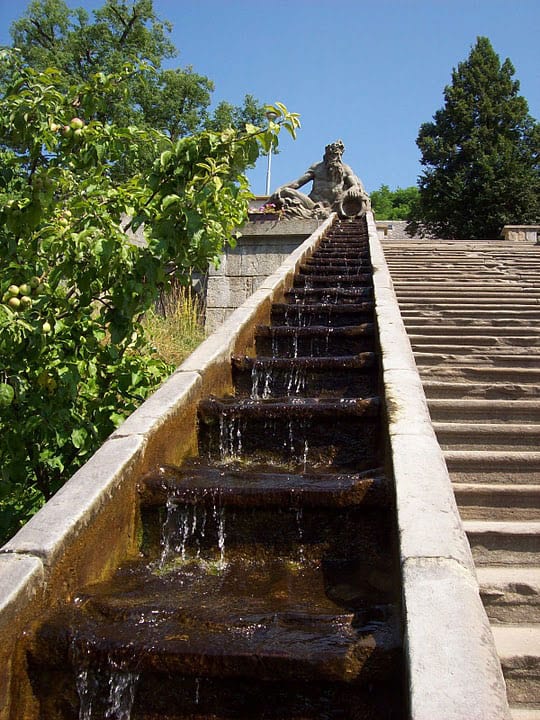 An elaborate staircase at the Kuks Hospital in the Czech Republic that may once have flowed with wine.