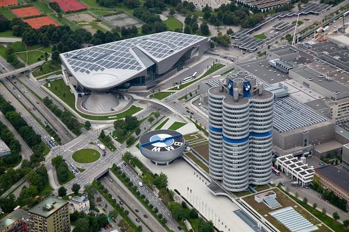 Aerial view of the massive BMW World, part shopping mall and part museum.