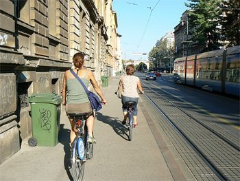 Biking the sidewalks of Zagreb, Croatia.