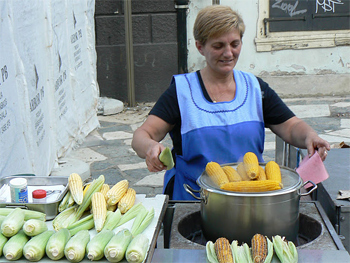 Corn on the cob is served all over Zagreb. Croats don't eat this vegetable at home, only from street vendors like this.