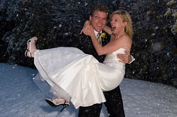 Julian and Laura getting married in the snow in Sundance, Utah