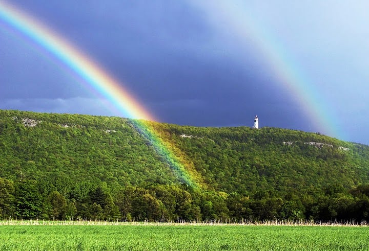Double rainbow and the Heublen Tower near Simsbury CT.
