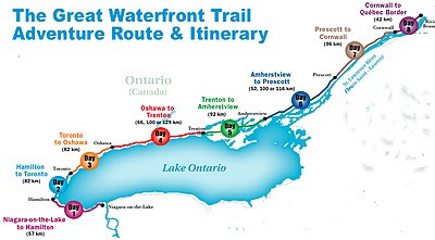 Route map showing the 720 km route of the Great Waterfront Trail Adventure ride this summer.