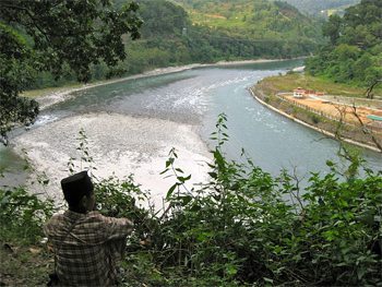 The Runjeet River and a suspension bridge that connects the Darjeeling region of West Bengal to Sikkim.