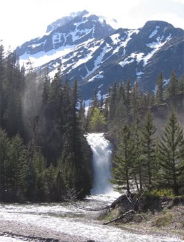 Trick Falls, in Glacier National Park. Red buses in Glacier National Park. 