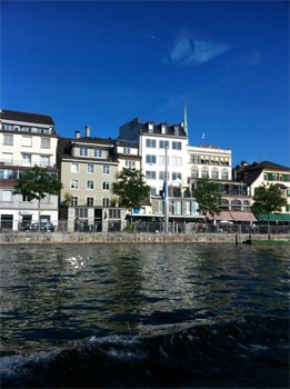 Zurich as seen from the clean and clear Zurich river.