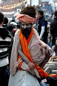 Sadhu dressed as Lord Shiva. His long hair is thought to be the home of the Ganges River. 