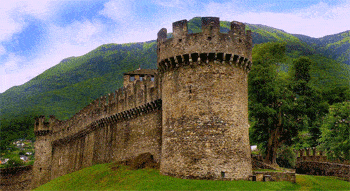The Montebello Castle in Ticino looks stunning in front of the blue Swiss sun.