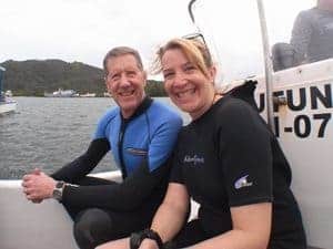 The author on board the dive boat in Guanata Honduras.