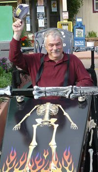 Stephen Hartshorne in a racing coffin in Manitou Springs, Colorado