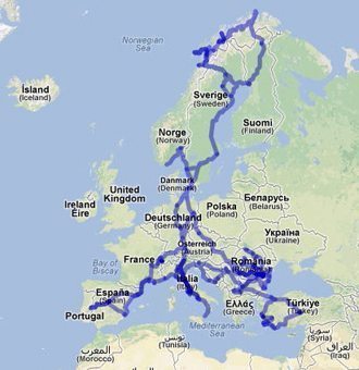 Davide Vadala's route across up and down Europe for three years of solid traveling.