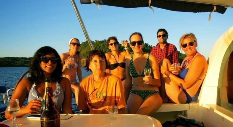 Girls and guys on the boat.