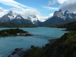 View looking down on Hosteria Pehoe in Torres del Paine.