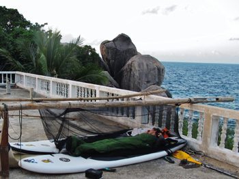 Our camp, paddleboard and all, set up on a terraced rooftop overlooking the sea, Laem Thian, Thailand. photos by Naomi Allard.