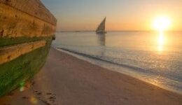 A fishing dhow returns to shore as the sun rises, Vilanculos. photos by Pip Strickland.