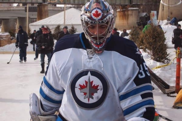 A goalie for the Winnipeg Jets during an outdoor practice on the river in Winnipeg.