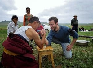 Arm wrestling with a Mongolian herder. photos by Peter Bittner.