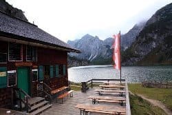 The deck of the hut overlooking the lake.