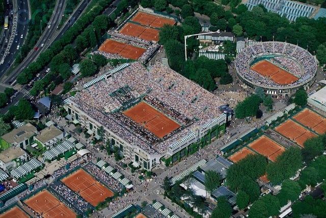 Aerial view showing Roland Garros tennis stadium and the Jean Bouin Practice Center.