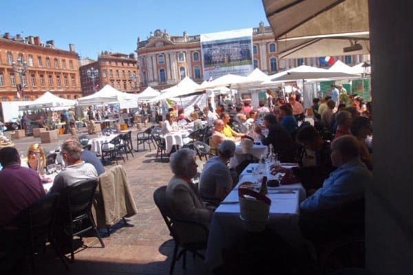 Cafes surround Capitole Square, where festivals take place all year long.