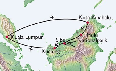 Going Up the River: A Borneo River Cruise 4 Flights and river travel across Borneo.
